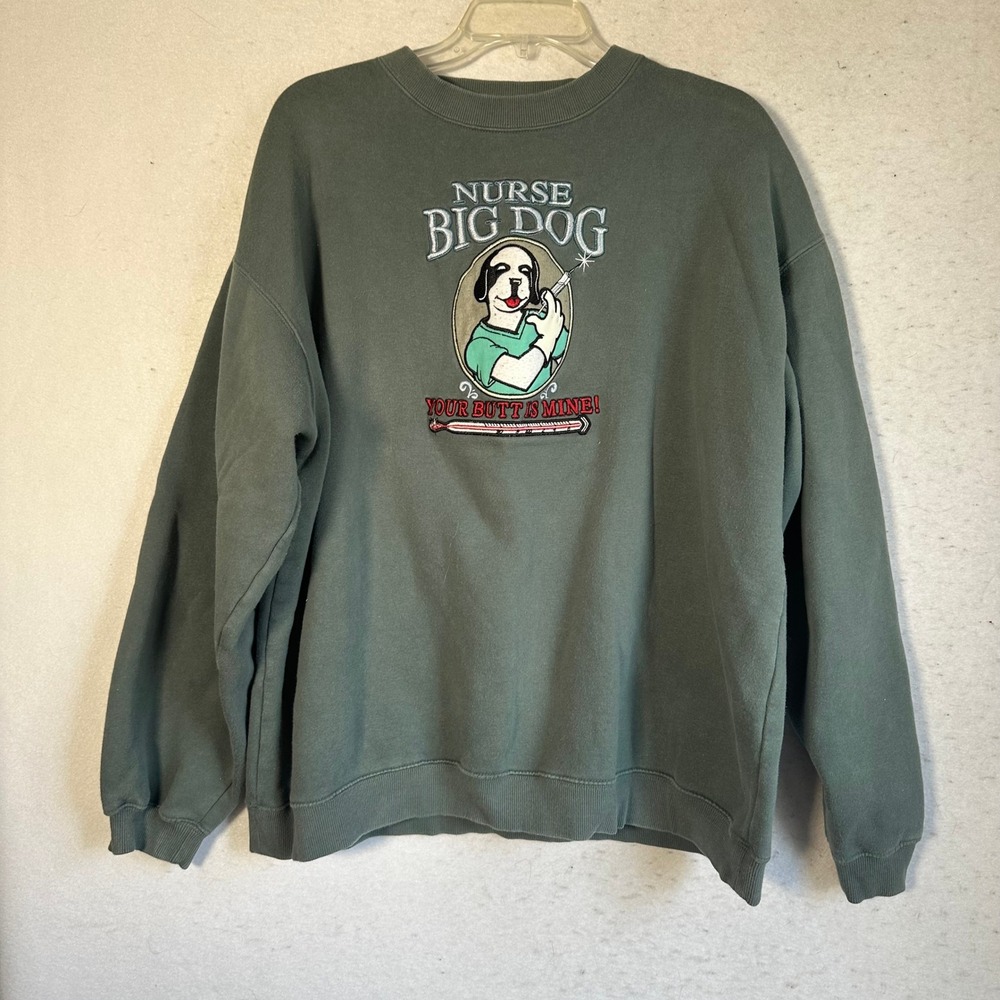 Big Dogs Nurse Big Dog Sweatshirt Sage Green Embroidered Pullover 1X